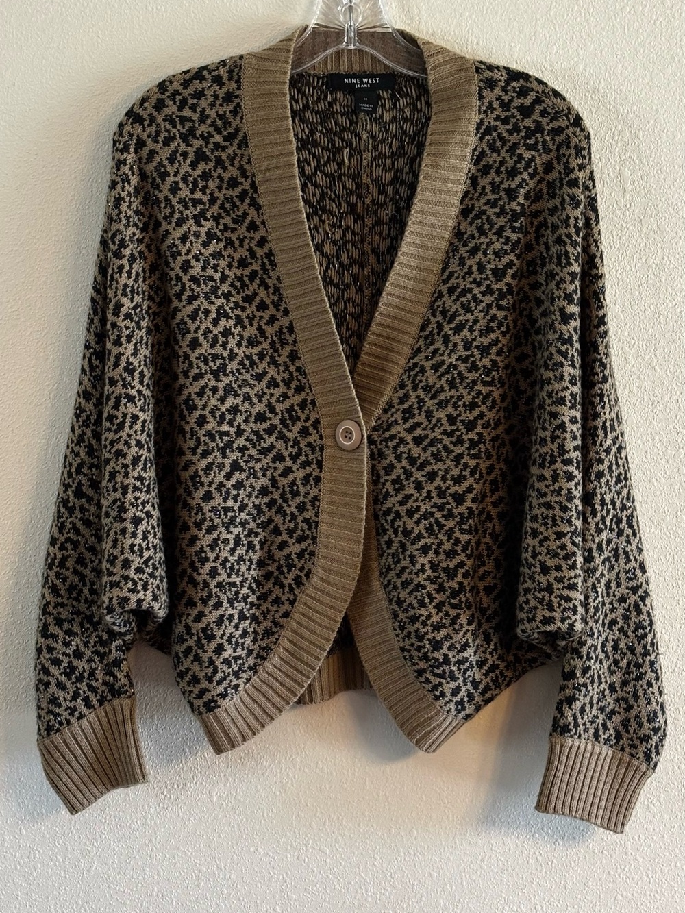Nine West Women’s Taupe & Black Leopard-Print Button Long Sleeve Cardigan Size M